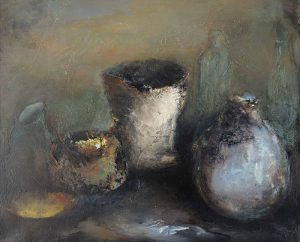 Peinture nature morte la bonbonne bleue