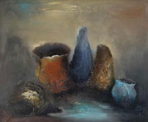 Peinture nature morte bouteille bleue